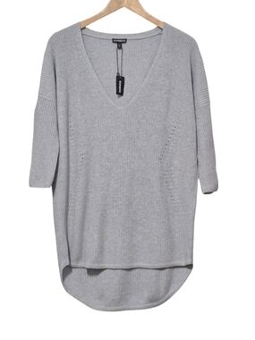 Express Oversized Gray V-Neck Ribbed Knit Sweater Size Small